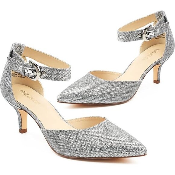 Jenn Ardor Silver Glitter Ankle Strap Pointy Toe Pumps Heels Shoes Size 7M - Picture 1 of 9